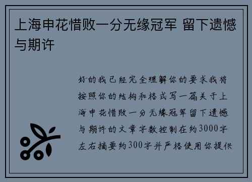 上海申花惜败一分无缘冠军 留下遗憾与期许