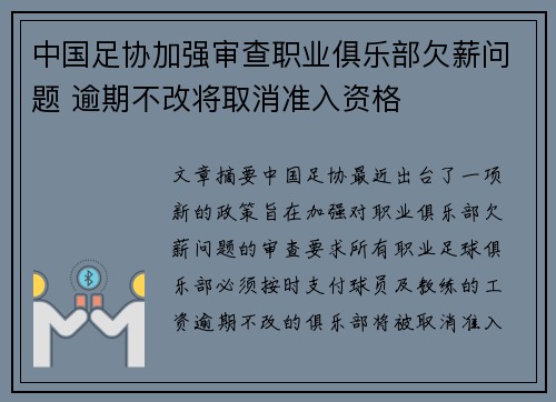 中国足协加强审查职业俱乐部欠薪问题 逾期不改将取消准入资格